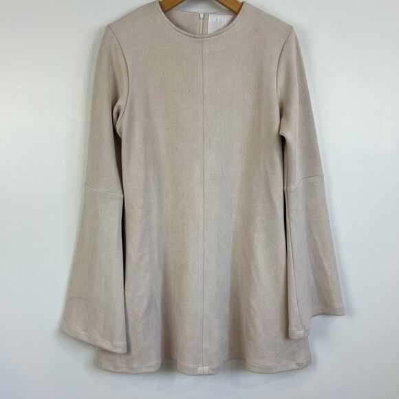 Vintage Made in Canada Meg Shop Large Faux Leather Long Bell Sleeve Mini Dress - Picture 16 of 16